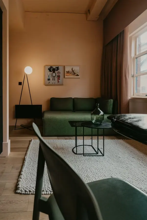 Salon résidentiel confortable et lumineux avec canapé moderne